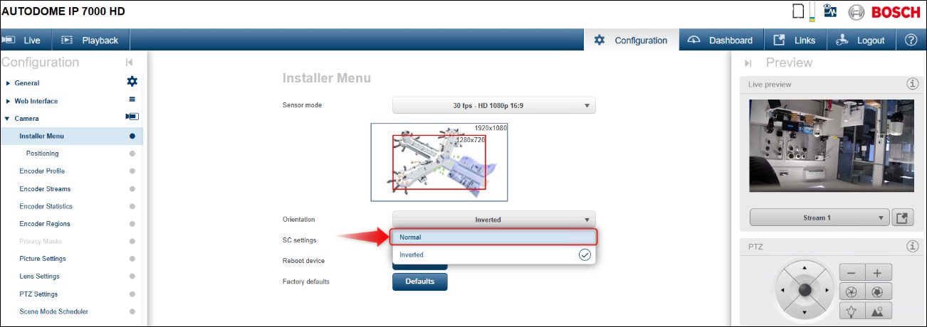 How to invert the picture of the Bosch camera in live view