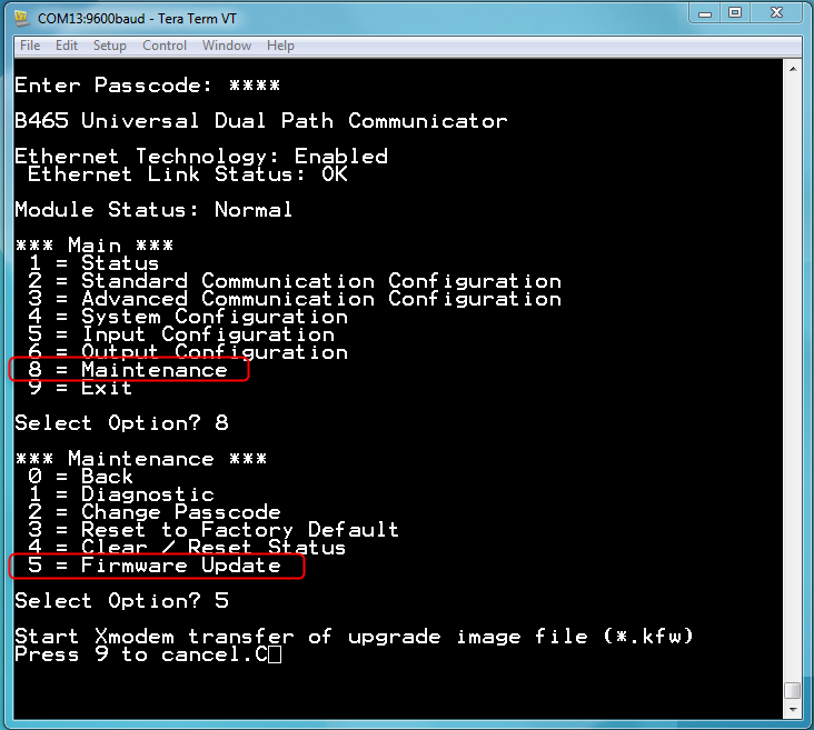 How to perform a firmware upgrade the in the B465 using TeraTerm