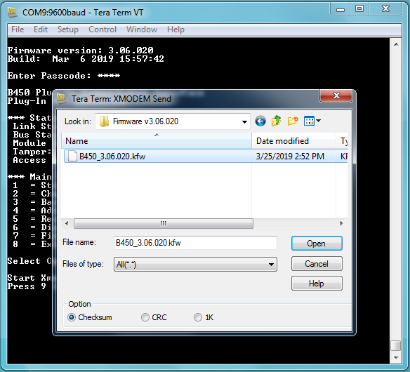 How to perform a firmware upgrade the in the B450 using TeraTerm