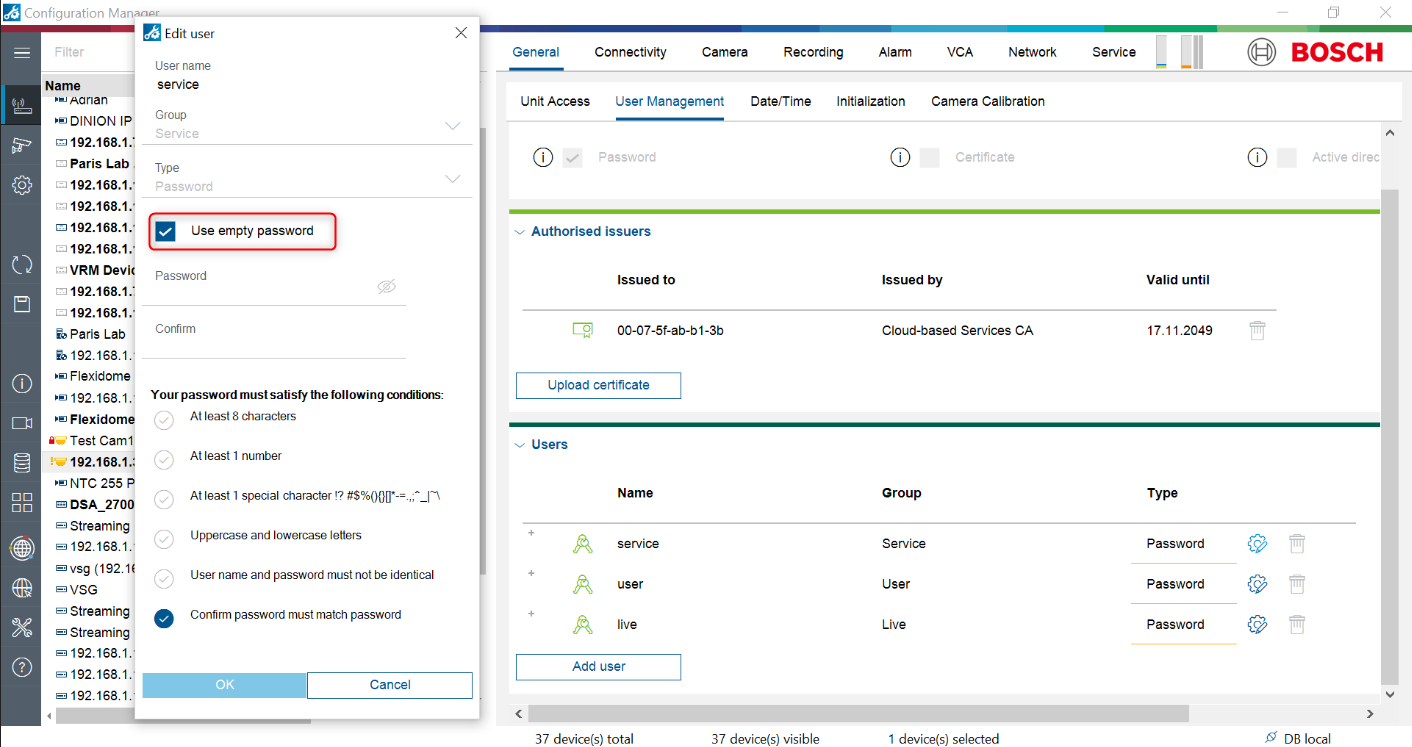 How to disable password Policy for Cameras Encoders when