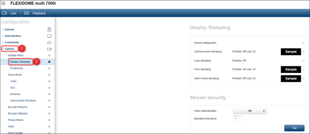 Where is the “Display stamping” submenu of FLEXIDOME multi 7000i (CPP14 - Bosch cameras) in WEB UI.png